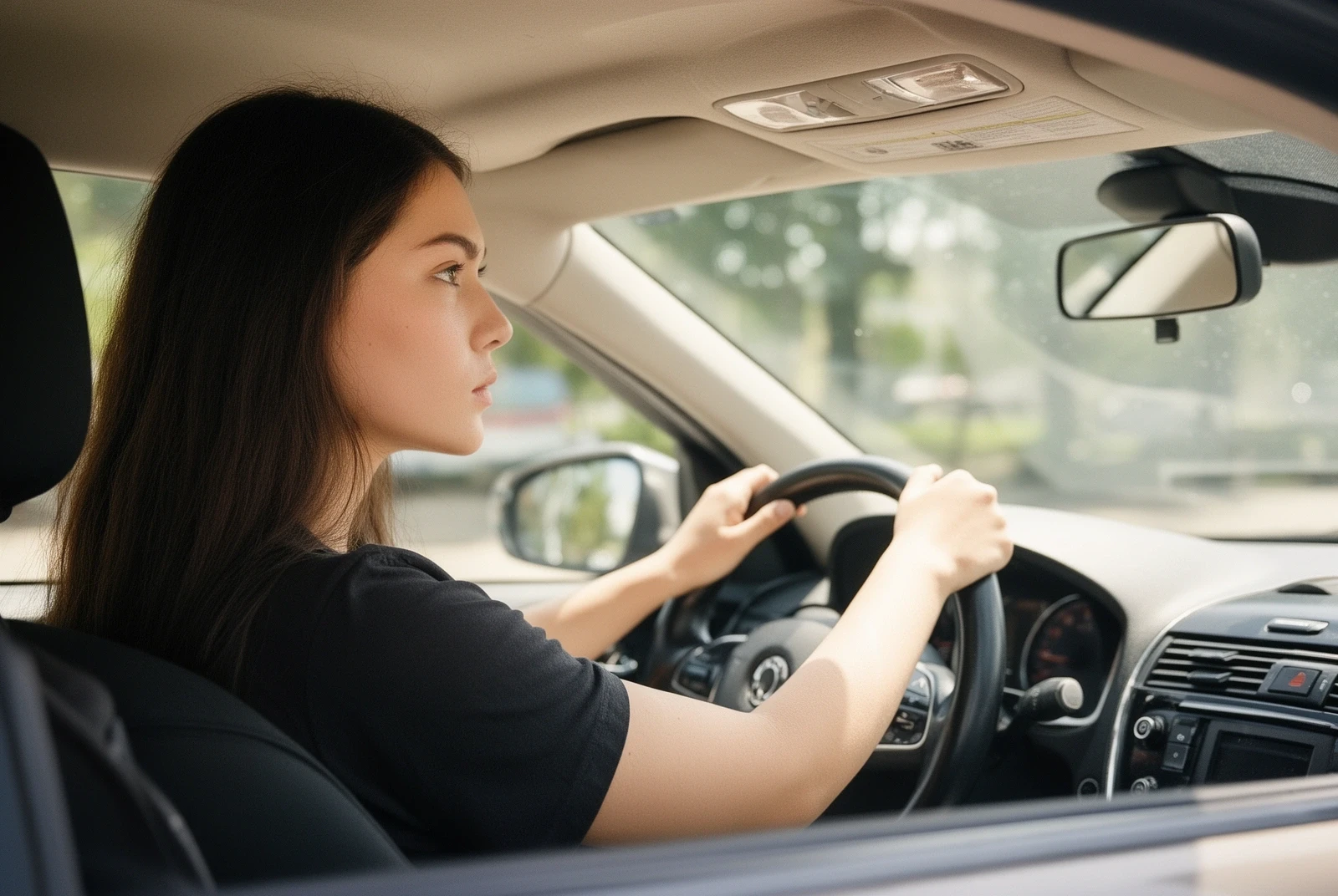 Alumna joven con las manos en el volante mirando hacia adelante concentrada