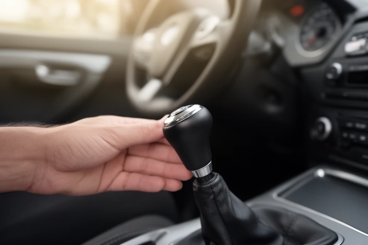 Mano apoyada sobre la palanca de cambios de un auto manual
