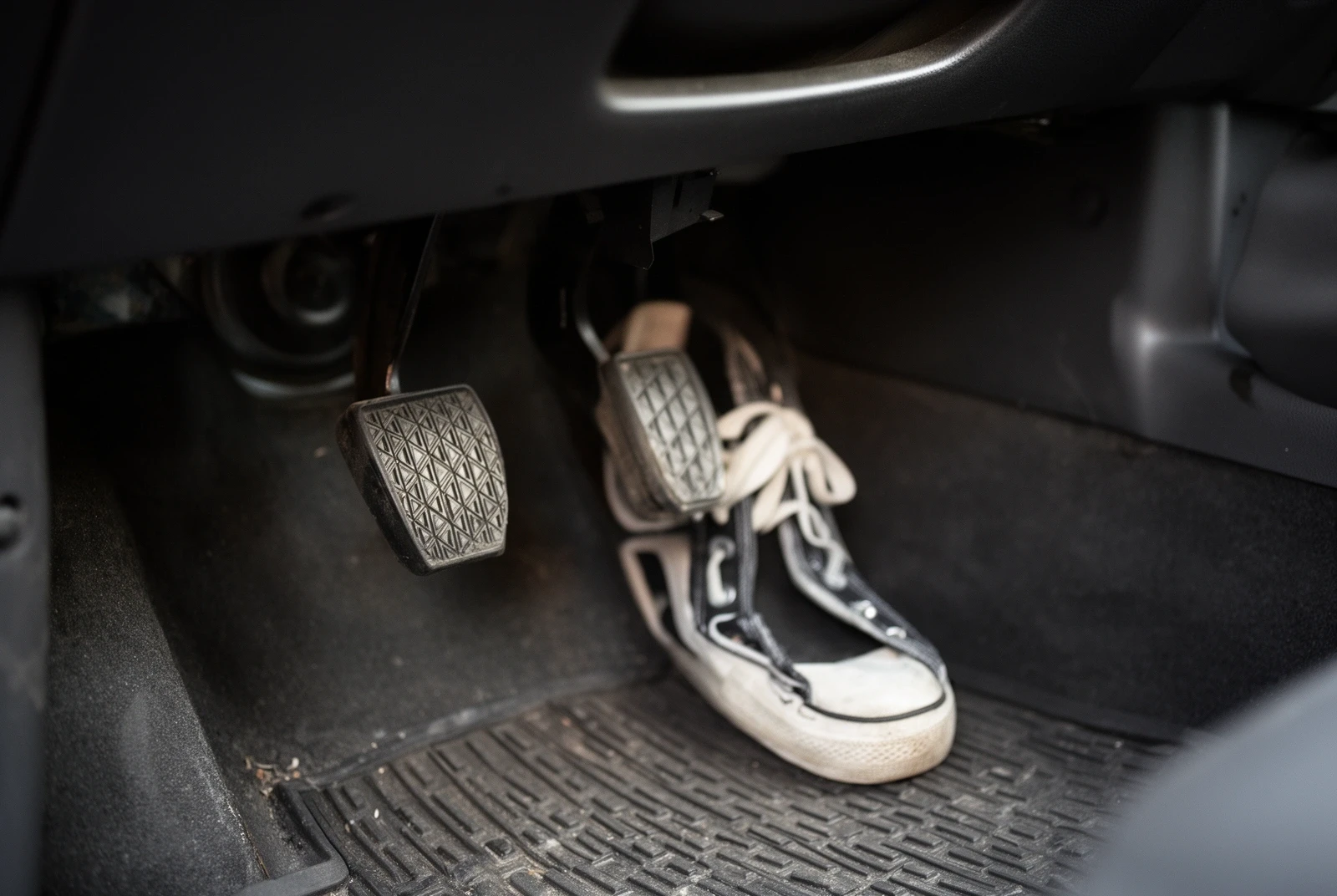 Primer plano de los pedales de un auto manual con una zapatilla sobre el embrague