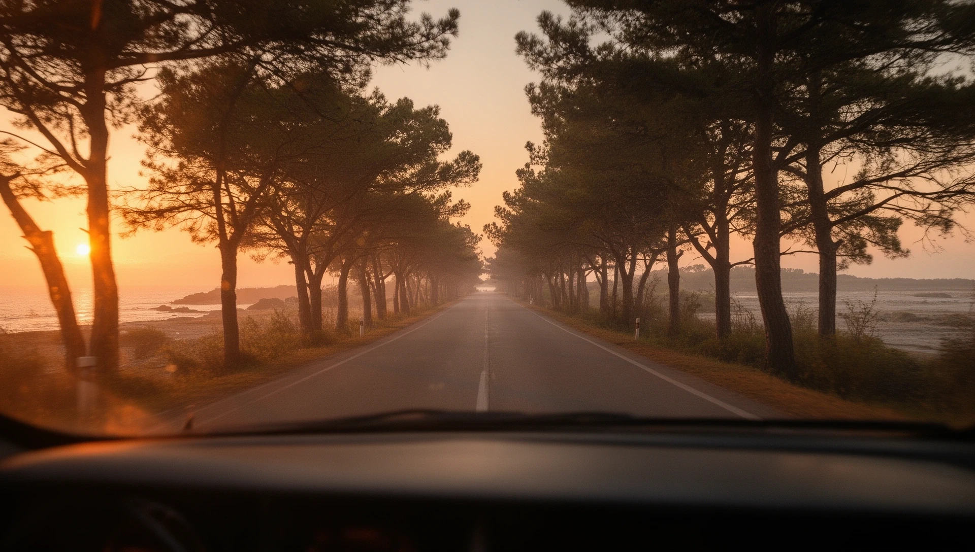 Ruta costera entre pinos al atardecer vista desde el asiento del conductor